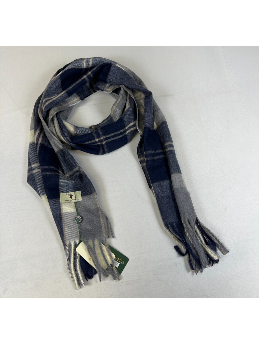 House of Tweed Women Navy Gray Tartan Check Scarf NWT British Design